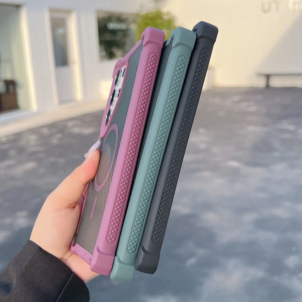 Heavy-Duty Armor Shockproof Magnetic Case with Carbon Fiber Texture and Non-Slip Silicone Bumper