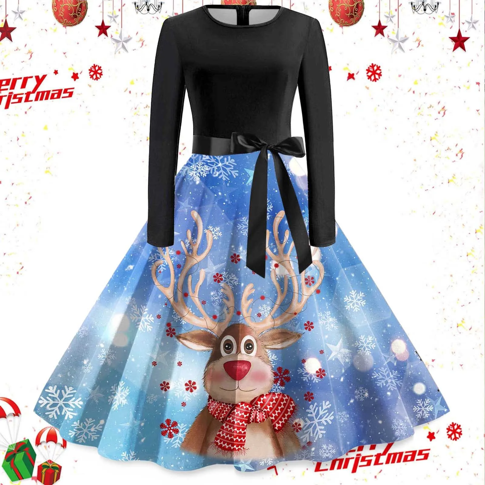 

Women Christmas Long Sleeve Print Wine Cup Santa Snowflake Holiday Dress floral dress Dress For Ladies