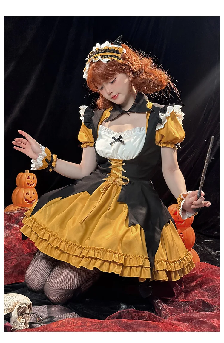 

Anime Devil Girls Halloween Maid Cosplay Costumes Magical Girl Pumpkin Suit Sweet Lolita Puff Short Sleeve Princess OP Dress