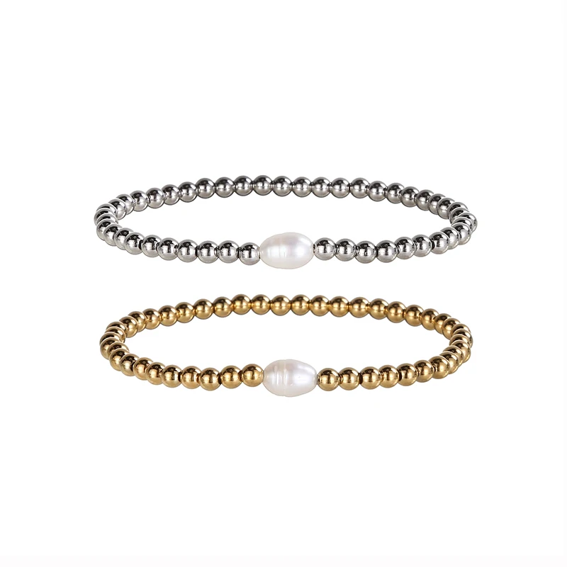 High Quality Metal Smooth Bead Stainless Steel Jewelry Waterproof Durable Women's Charm Gift Fresh Water Pearl Elastic Bracelets 2