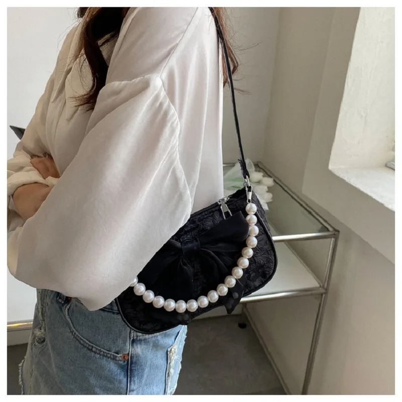 

Fashion Pearl Chains Design Female Shoulder Messenger Bag Sweet Bow Ladies Crossbody Bags Flower Pattern Women Square Handbags