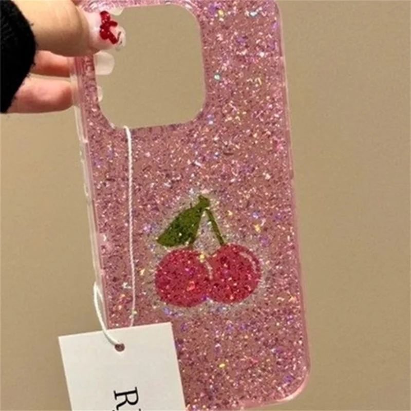 Glitter Pink Background with Red Cherry Design Phone Case