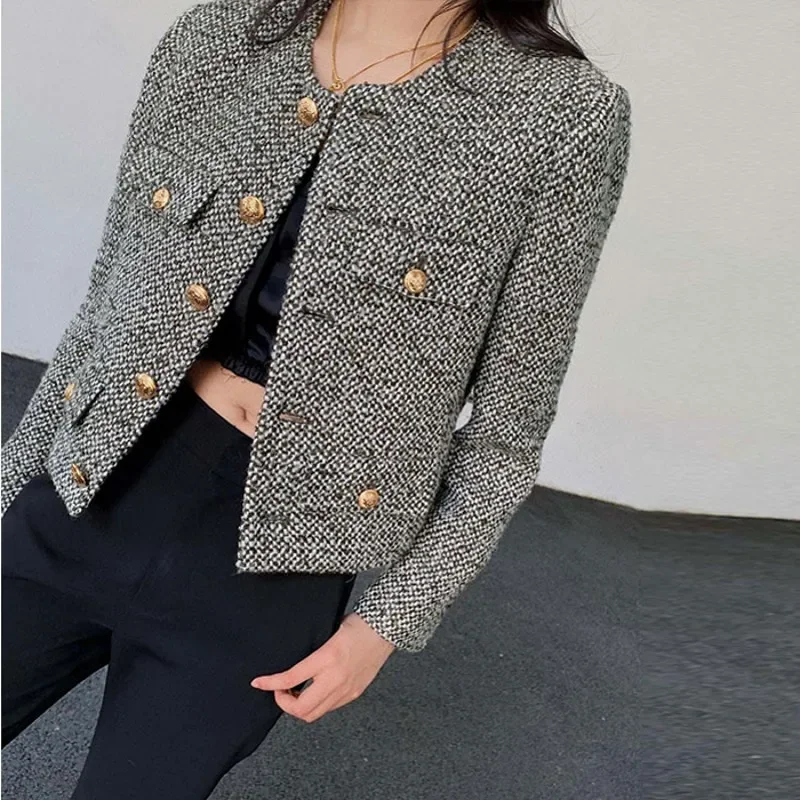 SMTHMA Korean Chic Female Tweed Basic Jacket Coat Women Clothing Runway Style Woolen Outerwear
