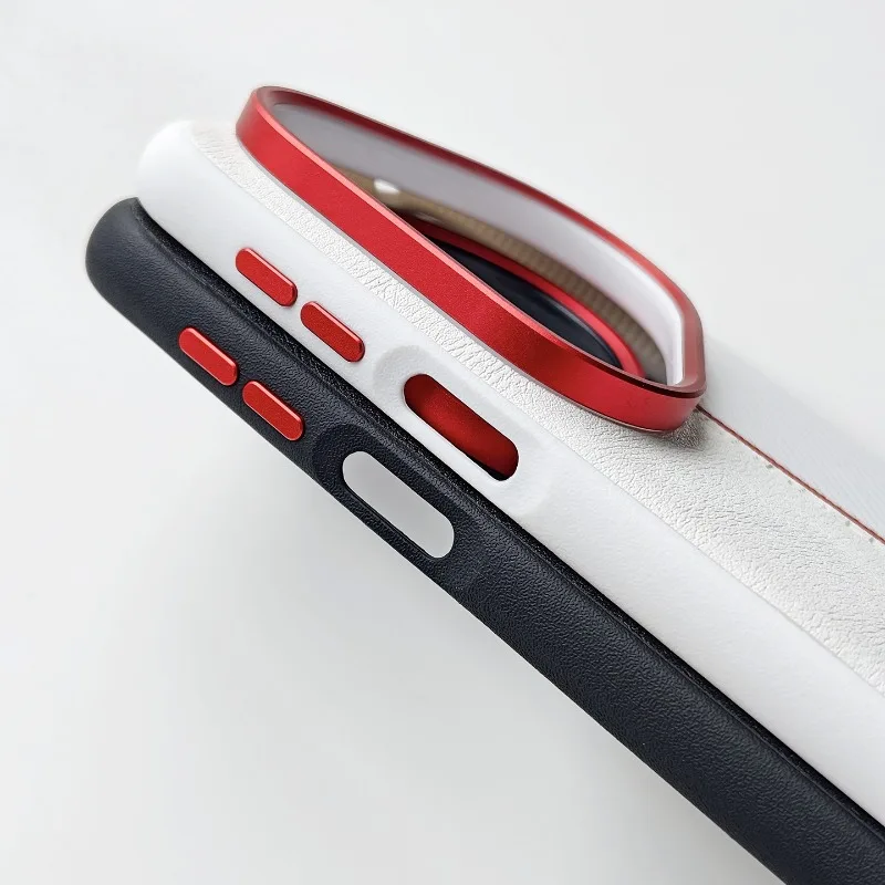 Stylish Red Line Textured PU Leather Case with Metal Keys and Shockproof Bumper