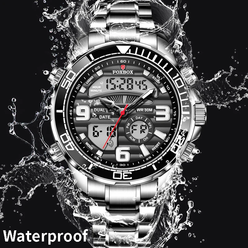 FOXBOX Men's Watches Top Brand Luxury Sport Military Wristwatches Chronograph Luminous Steel Strap  Date Quartz Watch Male Clock