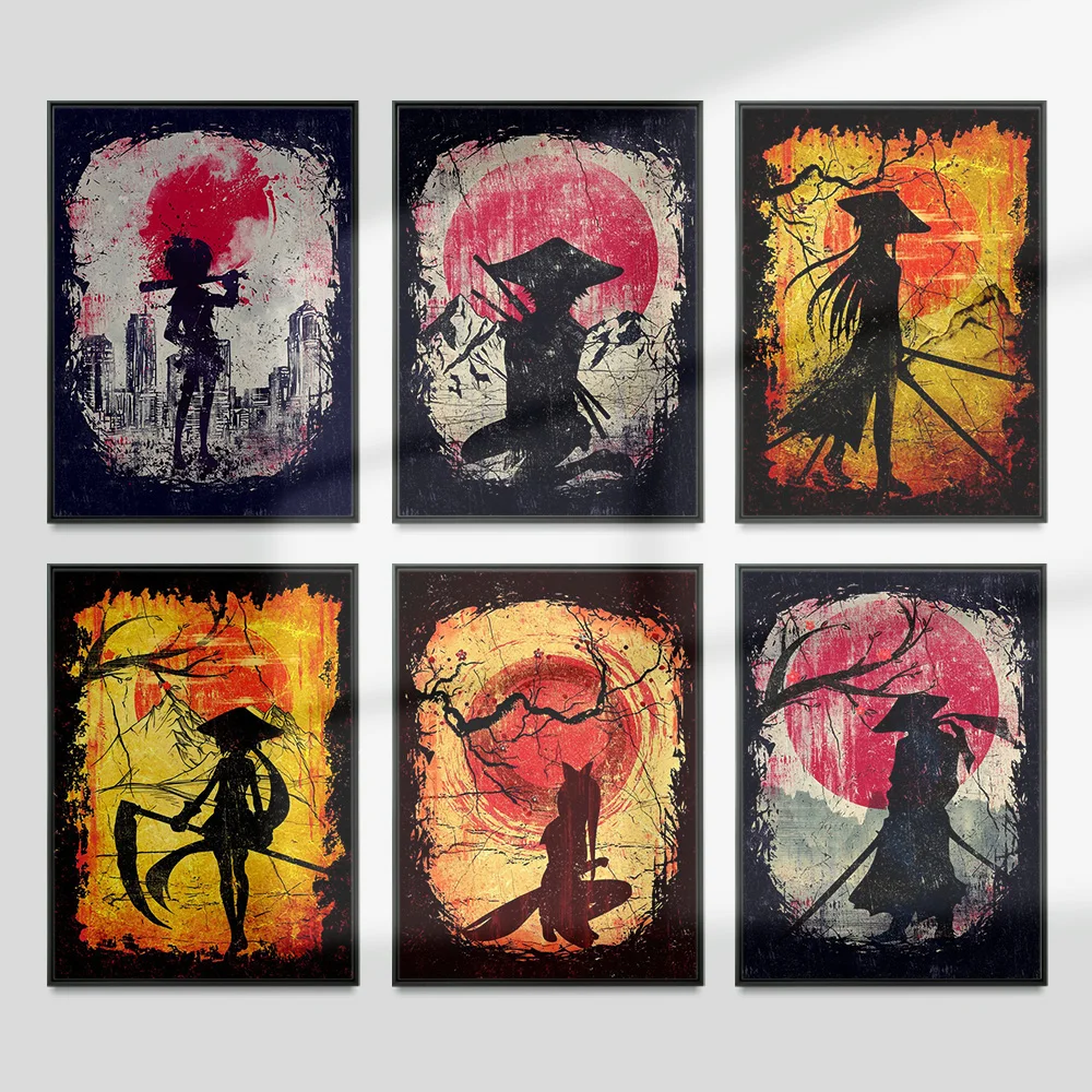 

Samurai Abstract Print Art Poster Blood Moon Illustration Canvas Painting Modern Decor Wall Stickers