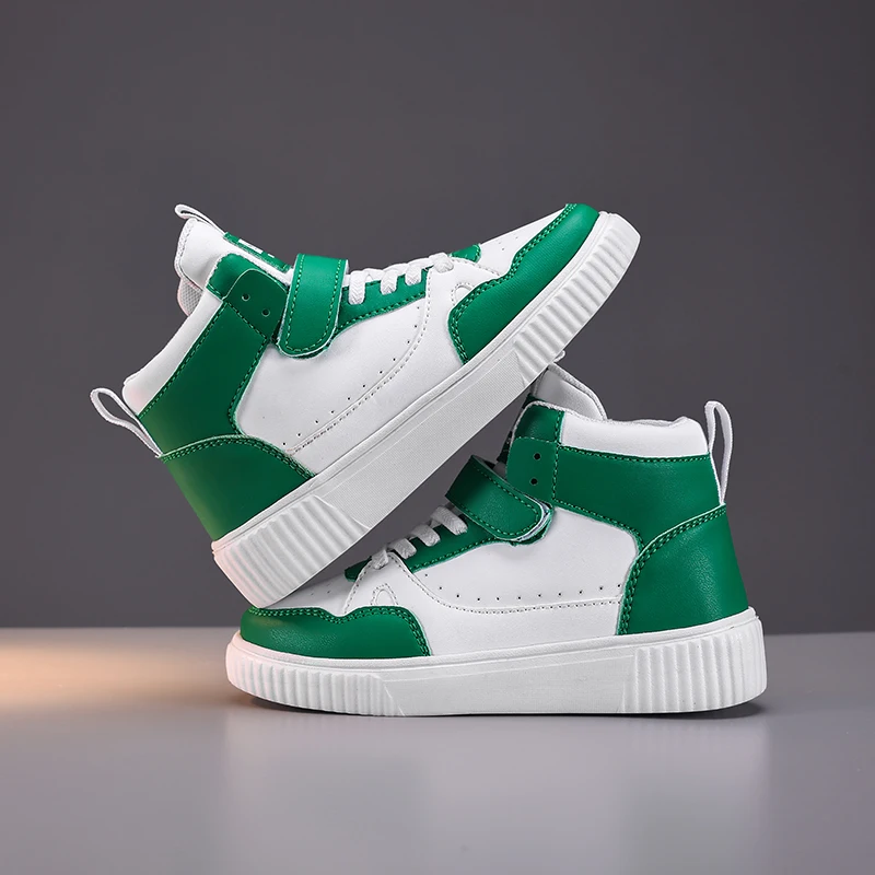 Boys High Top Sneakers - Autumn Leather Sports Shoes with Hook & Loop Closure