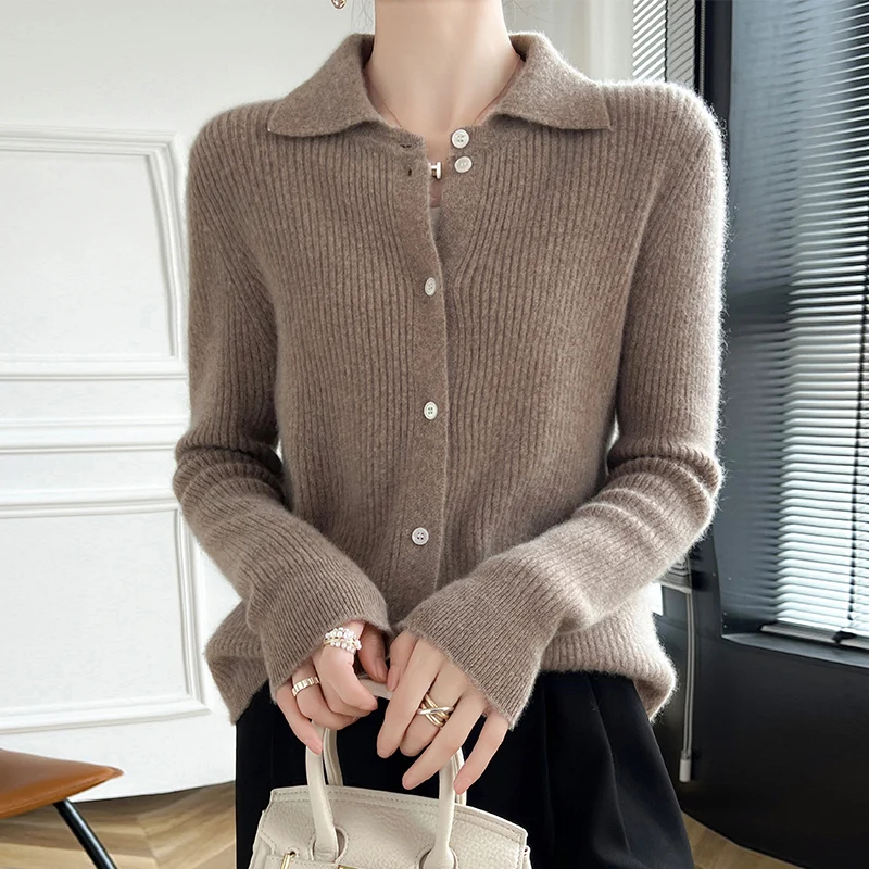 New women's sweaters in autumn and winter 100% merino wool POLO neck thick pullover cardigan fashion luxury solid color long sle 5
