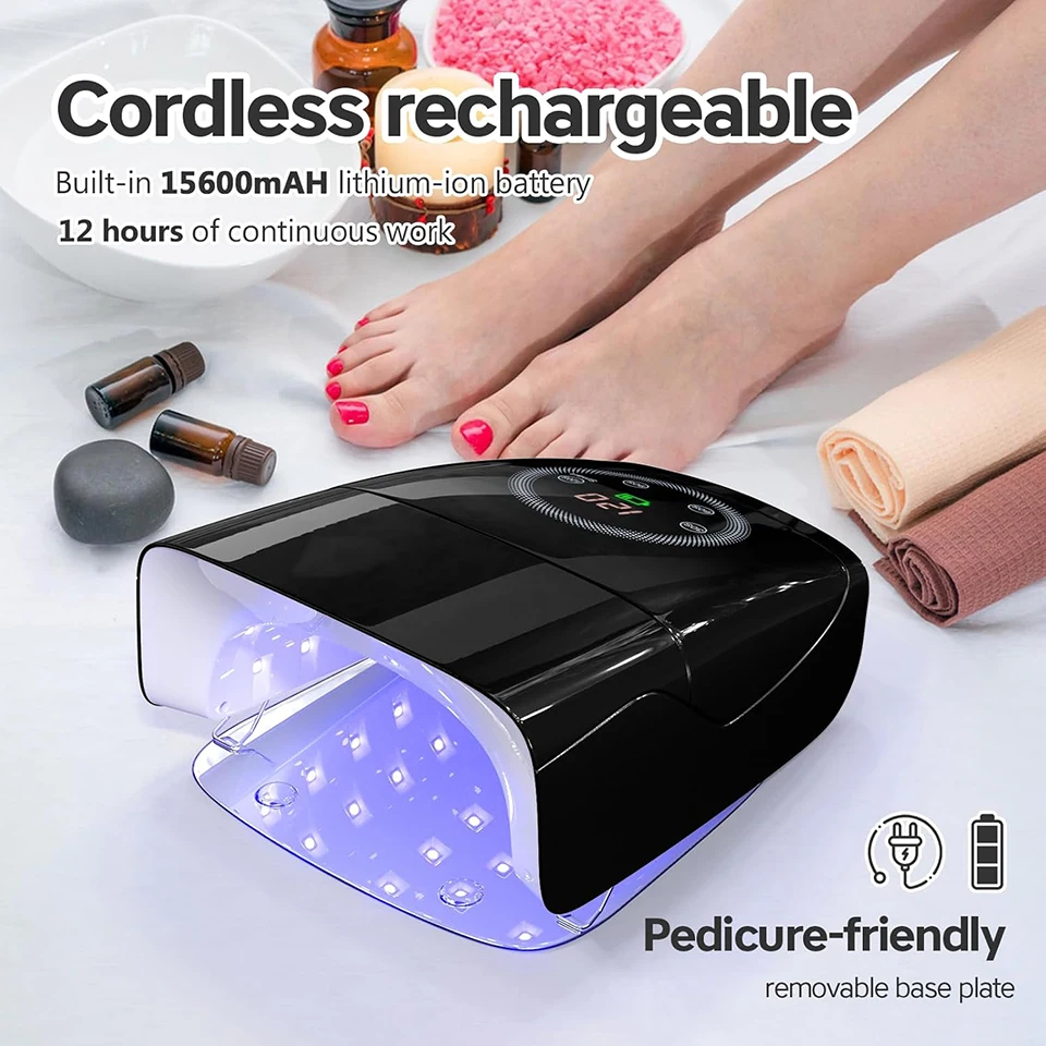 132W 네일 램프 무선 네일 램프 15600mAh 젤 네일 램프 대형 터치 스크린 4 타이머 & 자동 센서 블랙