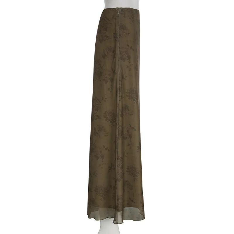 Falda larga Y2K para mujer, ropa vintage, estampado floral, cintura alta, faldas de malla, faldas grunge de los años 2000, ropa de fiesta, ropa de calle