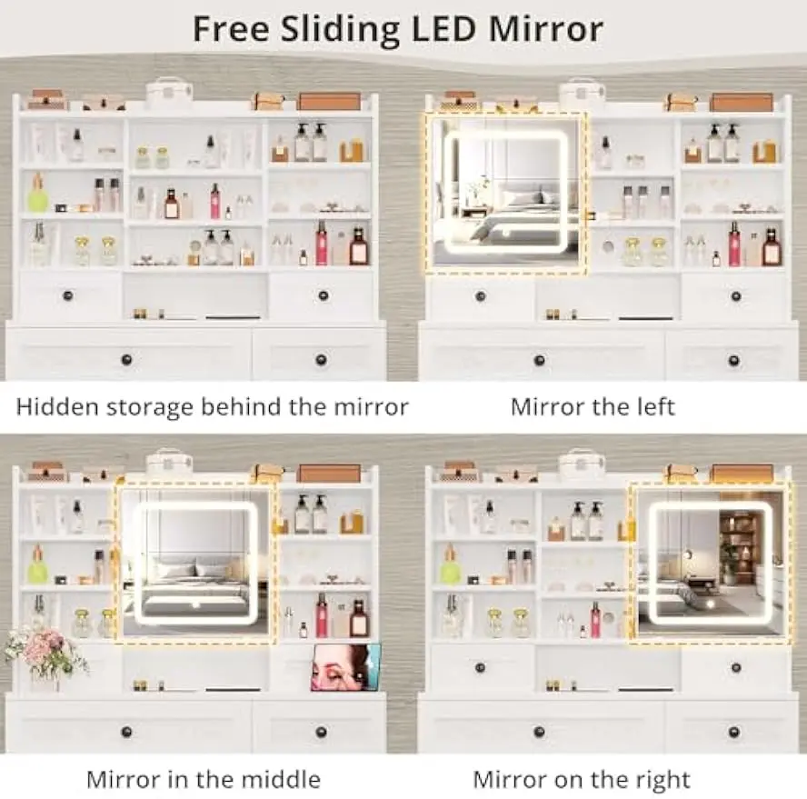 Vanity Desk with LED Lighted Mirror, Large Storage Makeup Vanity Table with 5 Drawers, Cabinet, 7 Open Shelves, Power Outlet