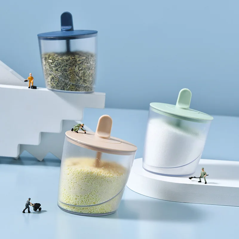 Plastic Seasoning Box Condiment Canister Kitchen Spice Rack Container with Lid Spoon Spice Sugar Bowl for Kitchen Storage Box