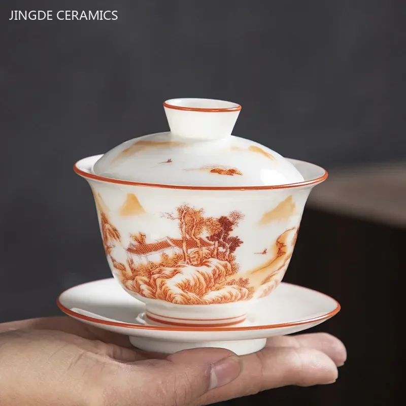White Fat Jade Ceramic Teacup Sancai Gaiwan with Lid Tea Infuser Chinese Porcelain Tea Set Handmade White Porcelain Teabowl