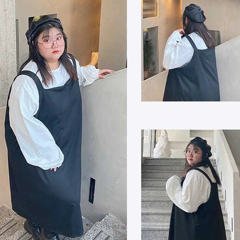 Korean Plus Size Clothes Round Neck White Puff Long Sleeve Top Fashion Black Pocket Design Loose Women's Sets Long Strap Dress