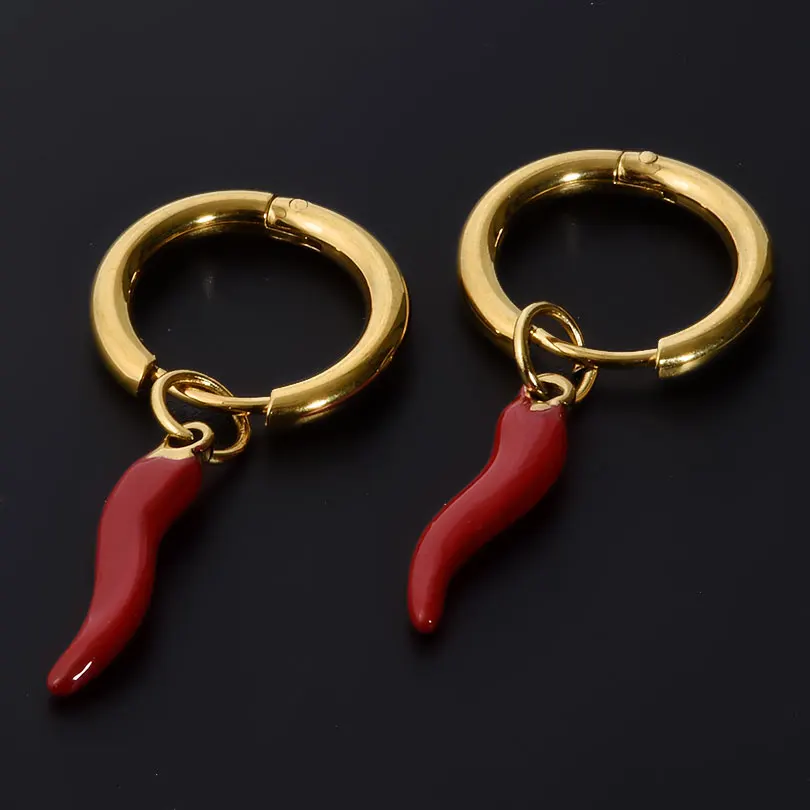 1Pair Stainless Steel korean Girl Red Chili Hot Pepper Fake Piercing Hoop Earrings Lucky Italian Horn Aros Boucle Mujer Jewelry 4