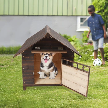 Pet Dog House With Window and Door, Welsh Corgi French Bulldog, Outdoor Garden Solid Wood Breathable Courtyard Puppy Villa Patio 3
