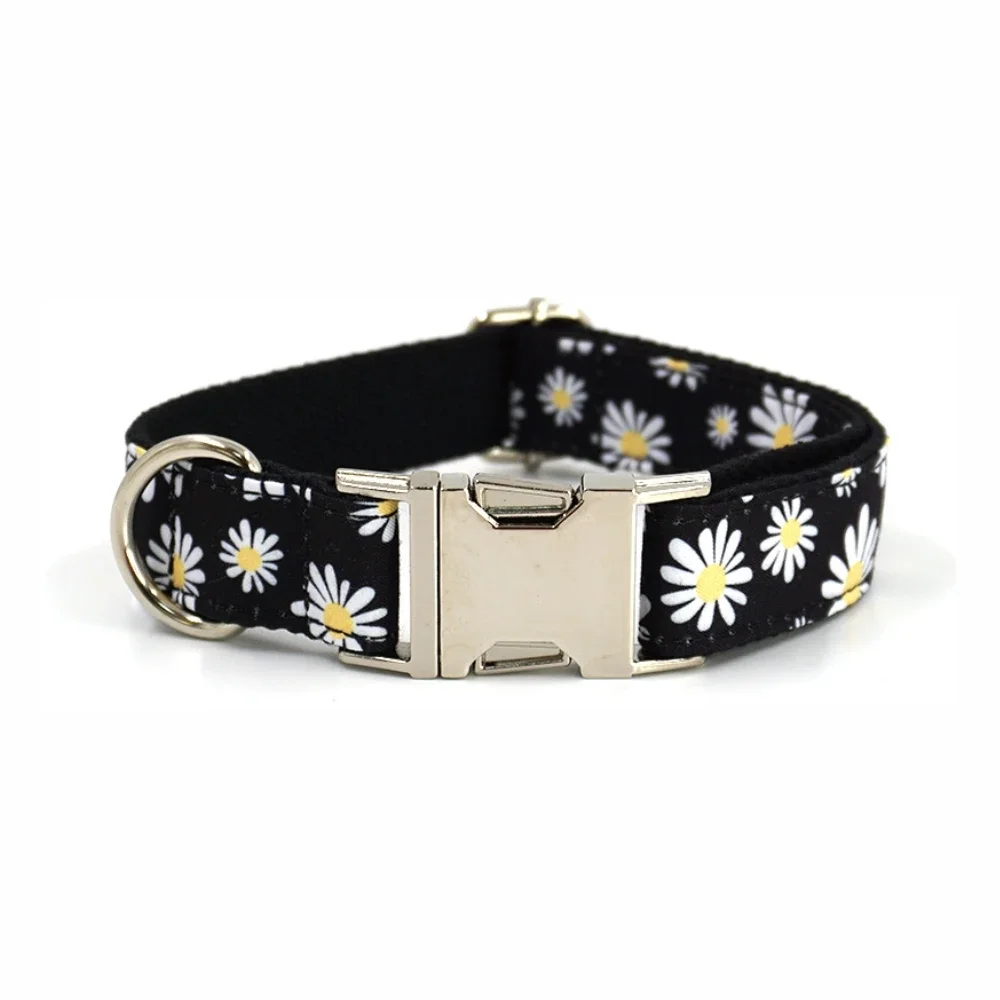 Personalized Pet Collar Puppy Nameplate ID Tag Adjustable Buckle Strong Black Daisy Flower Basic Collars Lead Leash