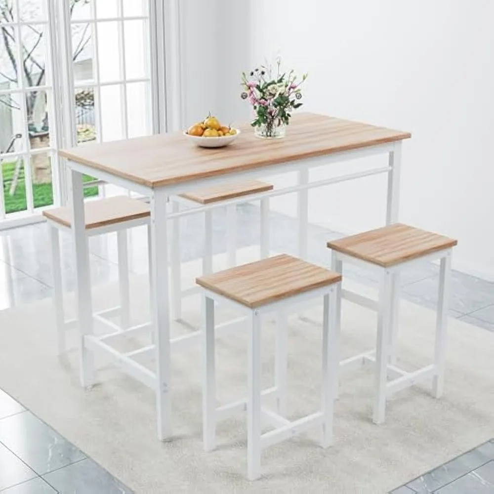 Kitchen Table Set for 4, Modern High Top Table with 4 High Bar Stools, 5-Piece Counter Height Dining Table Set White Oak 3
