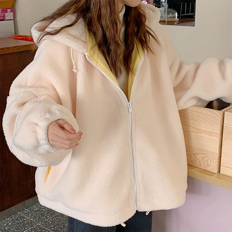 Hooded Ladies Plus Velvet Thick Coat All-match Jacket Pure Yellow Sweet and Cute Autumn and Winter Lamb Wool Loose Coat 2022 2022 new autumn and winter suede leather jacket casual thick warm lamb wool ladies loose jacket