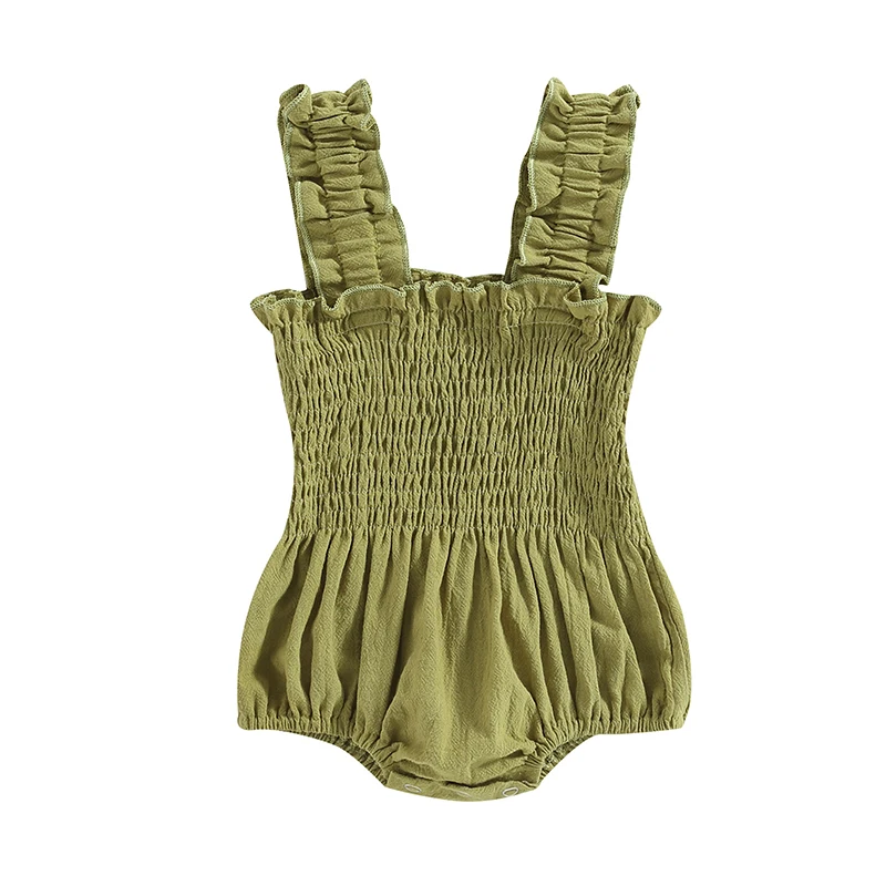 

Baby Girl Romper Sleeveless Off Shoulder Pleated Casual Spring Summer Jumpsuit with Crotch Buttons
