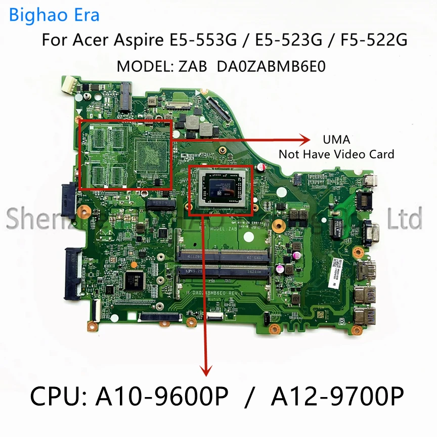 Placa-mãe Portátil para Acer Aspire Da0zabmb6e0 E5523 E5-523g F5-522 E5-553g e2 a6 A9-9410 A10-9600p A12-9700p Cpu Ddr4 Uma