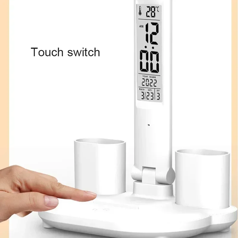 LED Desk Lamp USB Dimmable Touch Foldable Table Lamp with Calendar Temperature Clock Night Light for Study Reading Lamp 5