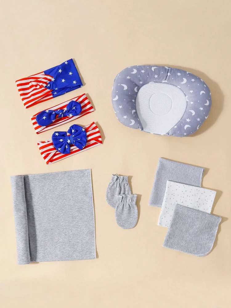 9pcs baby swaddle blankets, 1 headband, 3 gloves, 1 pair of small square towels, 3 pillows, Child Accessories
