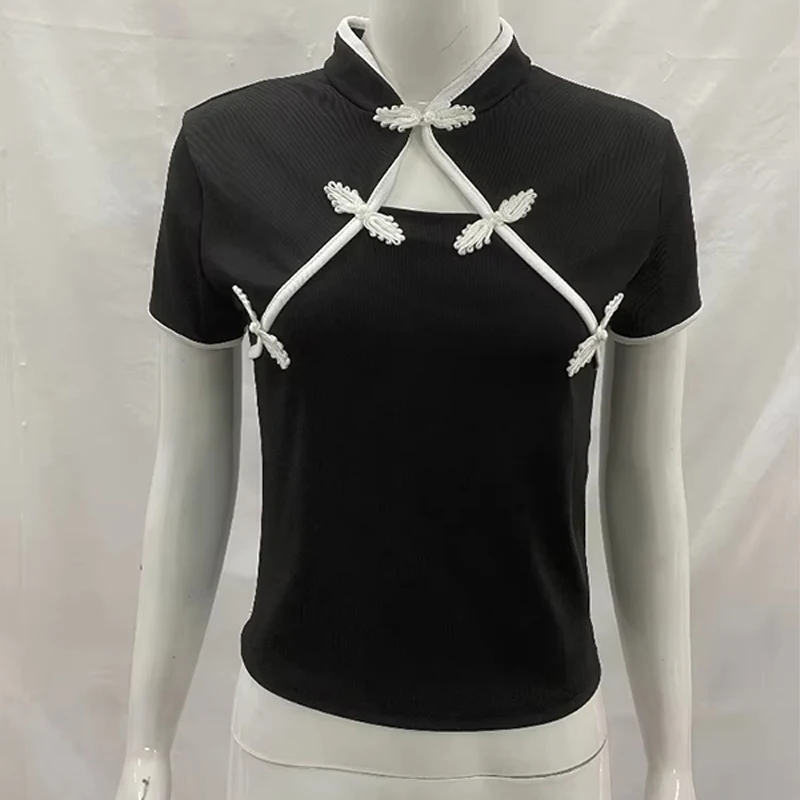 Women's Beige Chinese Style Cheongsam Blouse Vintage Mandarin Collar Short Sleeve Crop Top with Frog Button Keyhole Asymmetrical