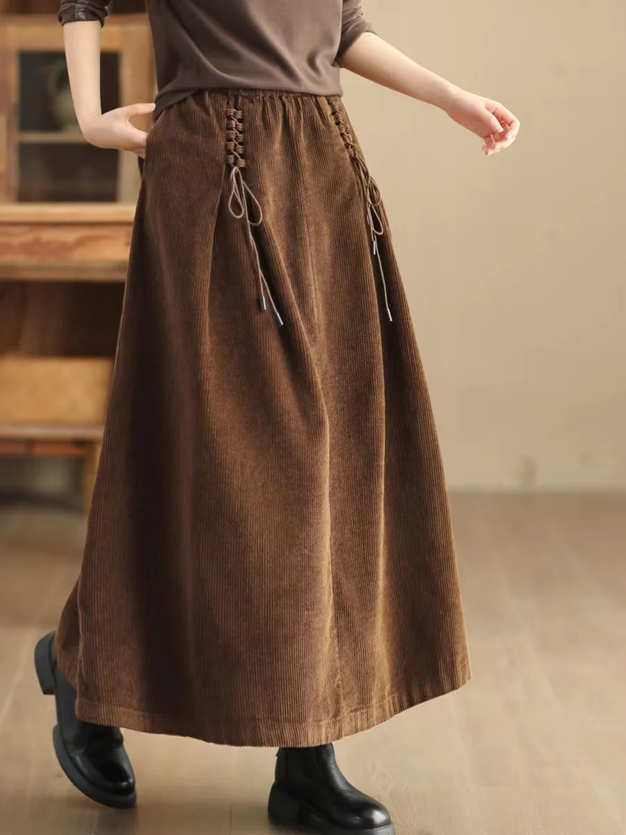 YZJNH 2024 Autumn New Half length Skirt Women's Loose Corduroy Half length Skirt Women's Elastic Waist Big Hem Velvet Long Skirt 1