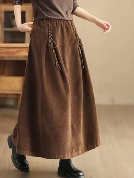 YZJNH 2024 Autumn New Half length Skirt Women's Loose Corduroy Half length Skirt Women's Elastic Waist Big Hem Velvet Long Skirt 1