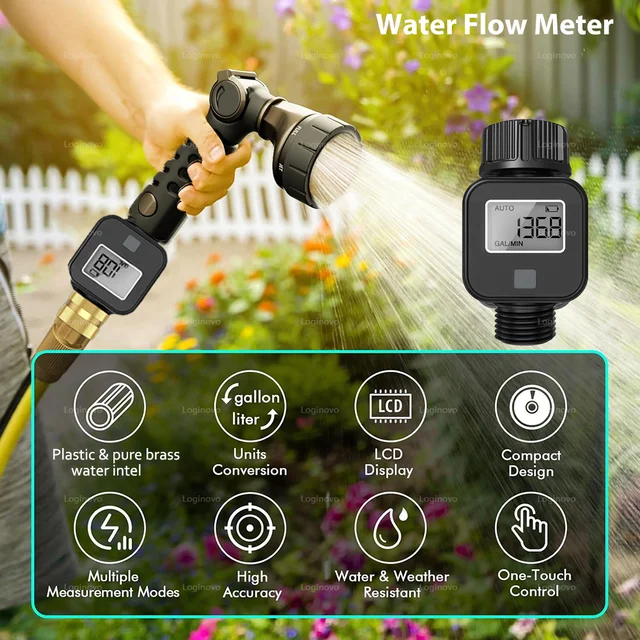 Water Flow Meter LCD Screen High Accuracy Measure Water Consumption and Flow Rate for Garden Watering Irrigation Hose Waterproof 1