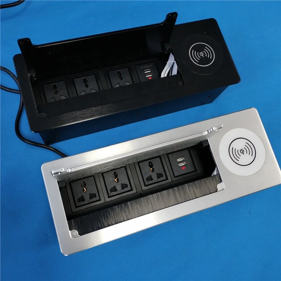 

Desk Power Data Soft Closing Flip Up Cover Brush Type Cable Management Socket Box with Inserted Qi Fast Wireless Charger