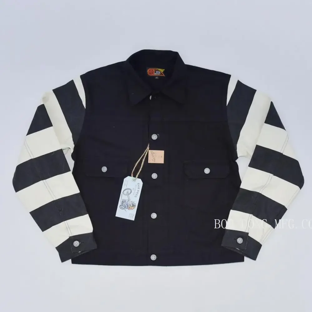 BOB DONG black white stripes 507XX canvas vintage rugged style men biker jacket