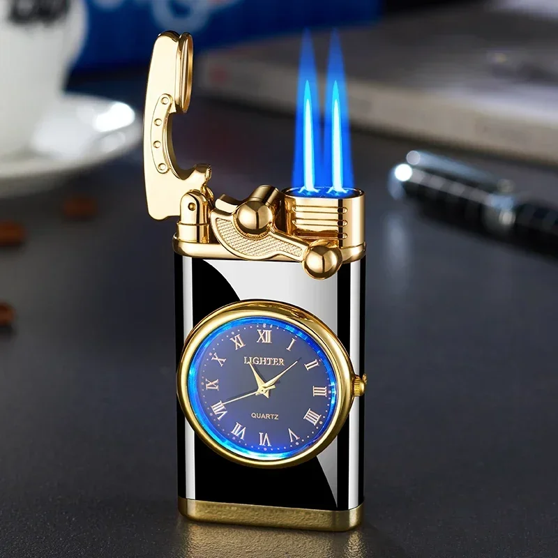 Windproof Gas Lighter Wrist Watch Cigar Lighter Outdoors Jet Double Tube Lighters Men Cigarette Accessories