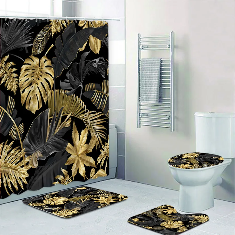 

Black and Gold Tropical Plant Palm Leaf Bathroom Shower Curtain Set for Bathtub Exotic Leaves Bath Mats Rugs Toilet Home Decor