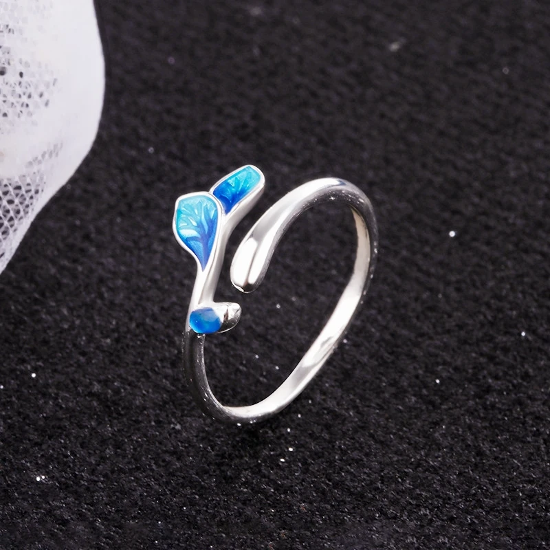Silver Rings Female Resizable Opening Leaves Branches Enamel