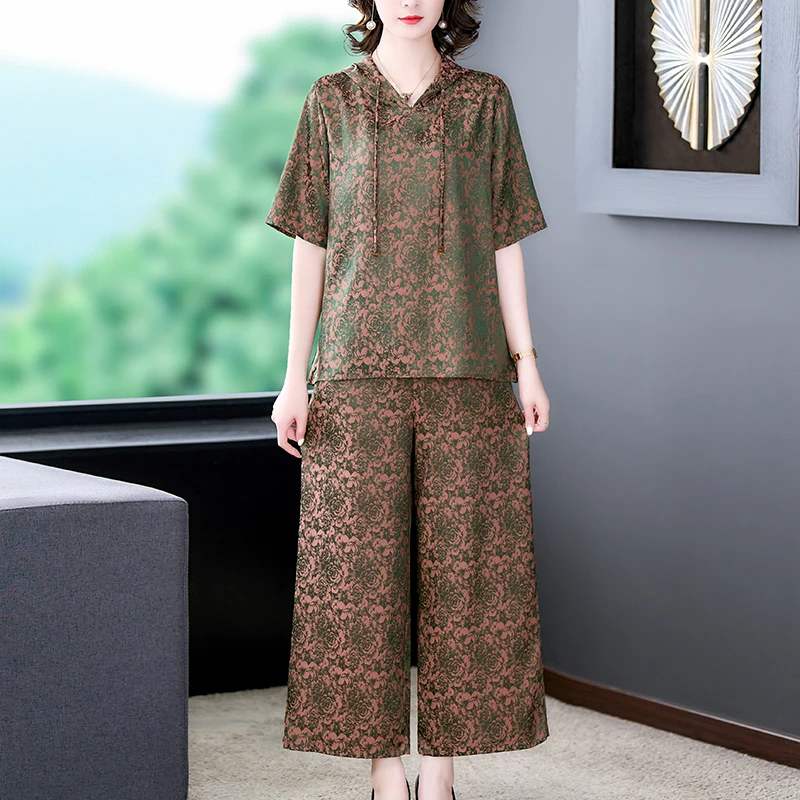 Autumn Coffe Long Sleeve Floral Top Coats+Black Jacquard Silk Wide Leg Pants Two Piece Sets Women Korean Vintage Prom Suits