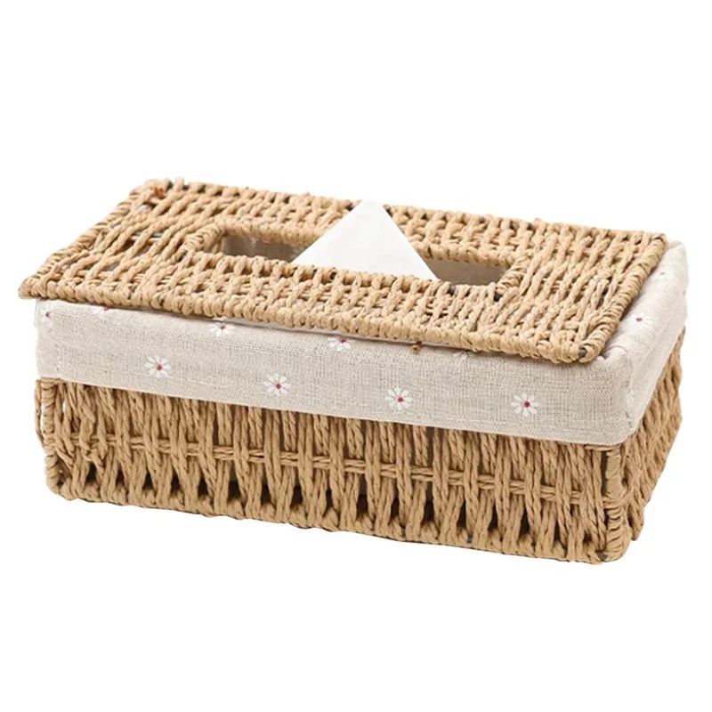 Hot Creative Handmade Rattan Tissue Box Household Paper Storage Basket Home Decoration Khaki Floral Style 1 PCS  napkin holder 6