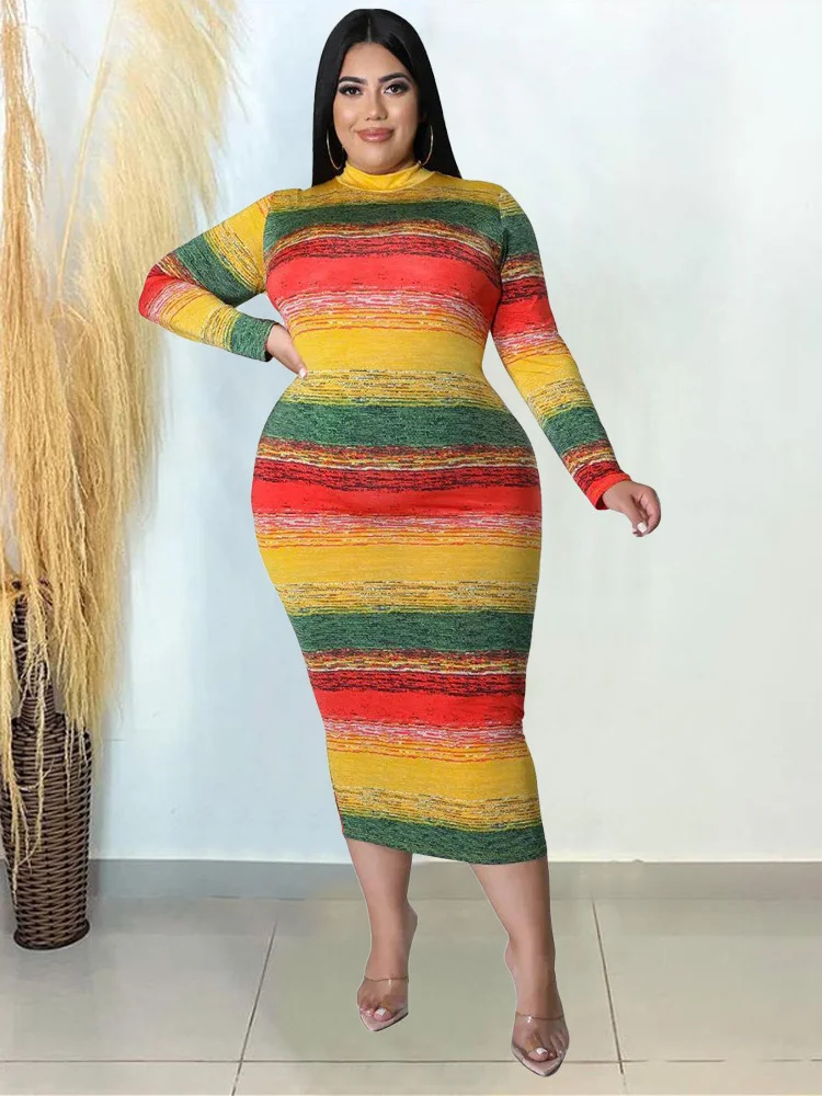 Wmstar Plus Size Dresses Tie Dye Bodycon Women Clothes Long Sleeve Zipper Back Casual Fashion Maxi Dress Wholesale Dropshipping