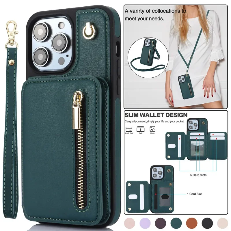 Lanyard Leather Zip Wallet Card Phone Case with Hand Rope Flip Cover
