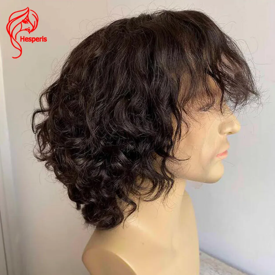 헤스페리스 남성용 레이스 프론트 가발 인모 곱슬머리 숏 스타일 앞머리 포함 13x6 딥 파트 남성 헤어피스 인모 가발 앞머리 포함