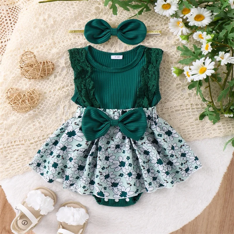 

Baby Girls Irish Romper Dress Lace Sleeve Four Leaf Clover Plaid Print Patchwork Romper with Headband