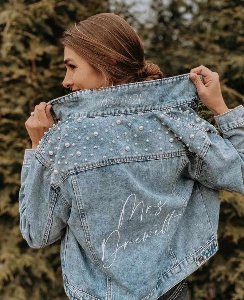 PERSONALIZED Statement Denim Bridal Jacket Custom Name Mrs Pearl Jean Jacket Engagement| Bride to Be Jackets Wedding Dressing janevini beaded flowers bride boleros sheer tulle cape dentelle lace top appliqued wedding jackets bridal wraps cape stoles 2019