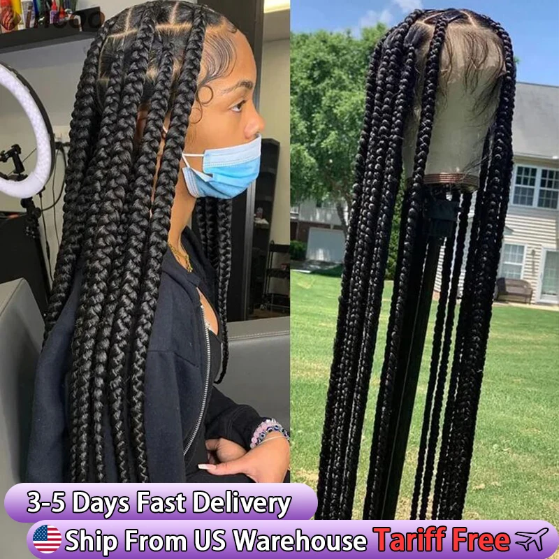 Synthetic Large Box Braided Wigs Jumbo Knotless Full Lace Front Wigs For Black Women Jumbo Tribal Braids Faux Locs Cornrows Wig