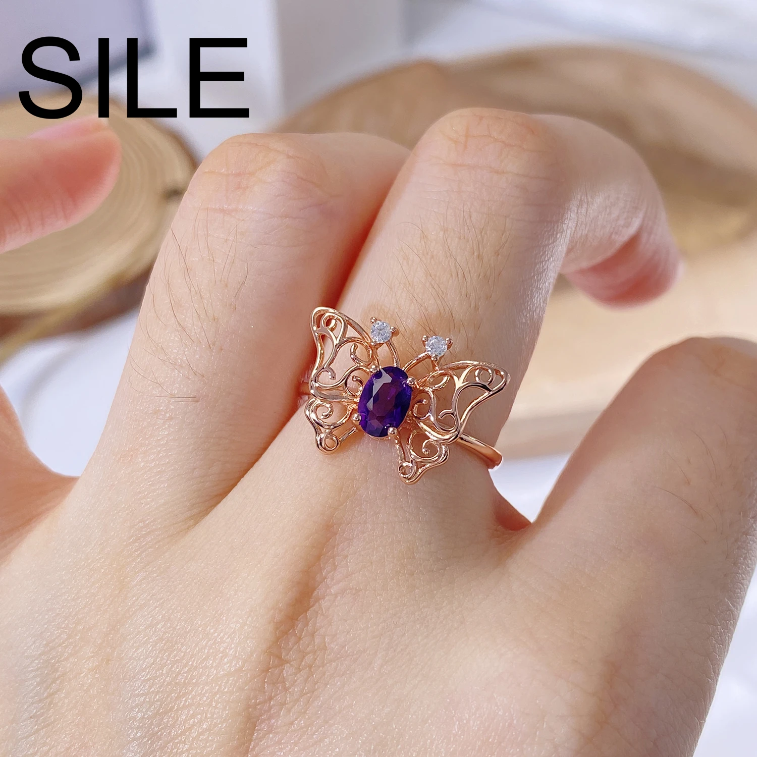 

SILE Fashion Hollow Out Butterfly Rings Natural Amethyst Peridot Topaz Pyrope Citrine Diopside Gemstone Ring 925 Sterling Silver