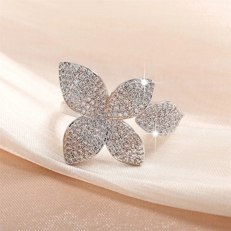 RAKOL Flower Leaf Adjustable Rings for Women Delicate Silver Color Zircon Open Ring Fashion Wedding Party Jewelry