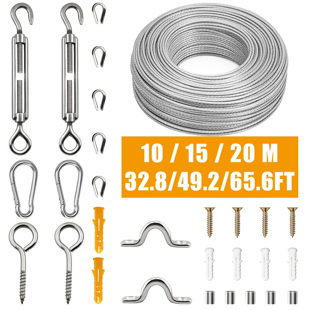 Stainless steel cable rope kits 10/15/20M 304 PVC Coated Stainless Steel Rope Kit Garden Fence Insurance Camping Clothesline Balcony Railing Agricultural Fence