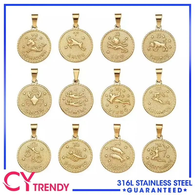 

European and American Vintage Personalized New 12 Constellations Stainless Steel Gold Circle Pendant Hip Hop Gold Coin Necklace