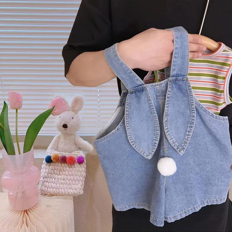 Kids Outfits 1-7T Cute Baby Denim Jumpsuit Boy Girl Sleeveless Bunny Tail Suspender Pant Pocket Romper Outfits Adjustable Jeans Kids Overalls