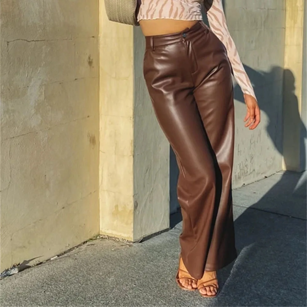Holifeni  Fashion Green Pu Leather Women's Pants Elegant Slim High Waist Straight Trousers Streetwear Pantalones Female Clothing